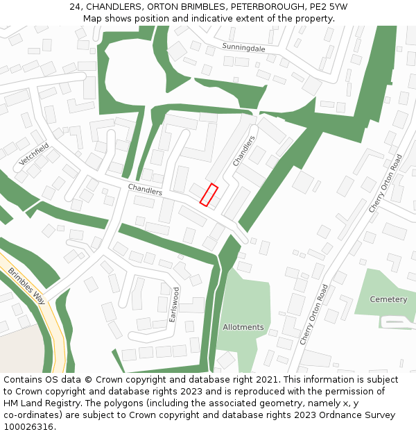 24, CHANDLERS, ORTON BRIMBLES, PETERBOROUGH, PE2 5YW: Location map and indicative extent of plot