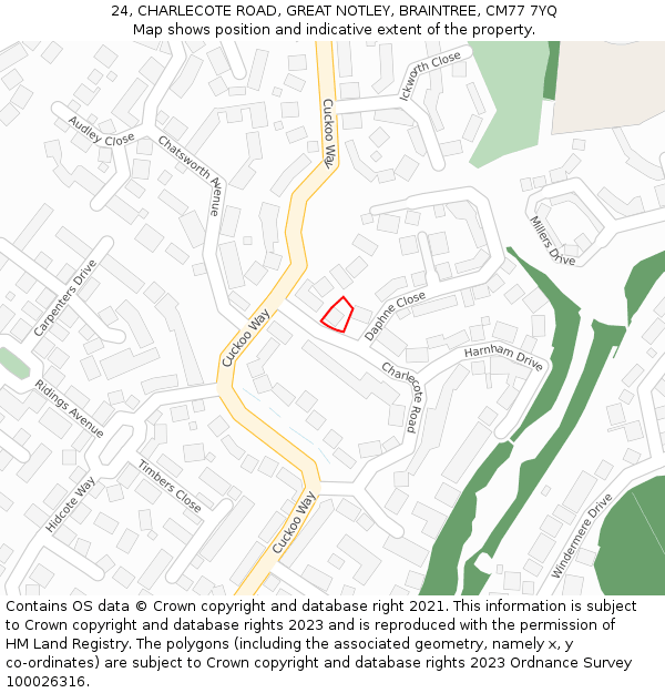 24, CHARLECOTE ROAD, GREAT NOTLEY, BRAINTREE, CM77 7YQ: Location map and indicative extent of plot