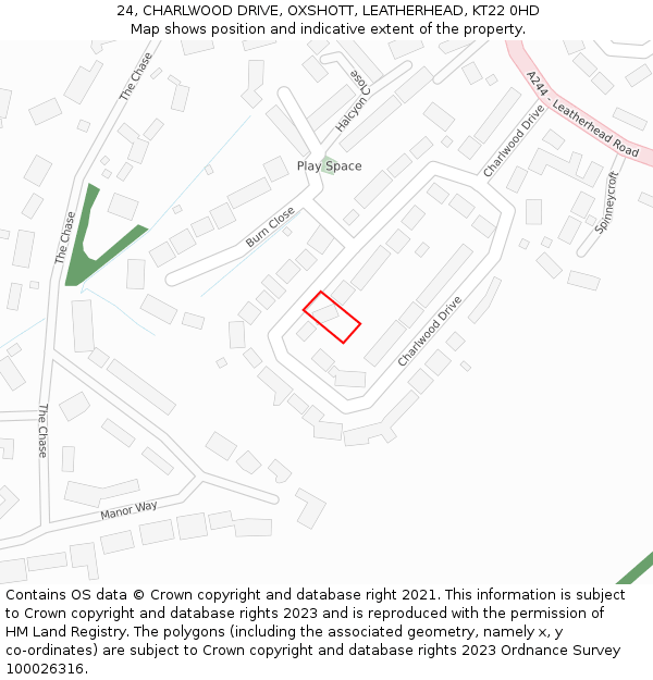 24, CHARLWOOD DRIVE, OXSHOTT, LEATHERHEAD, KT22 0HD: Location map and indicative extent of plot