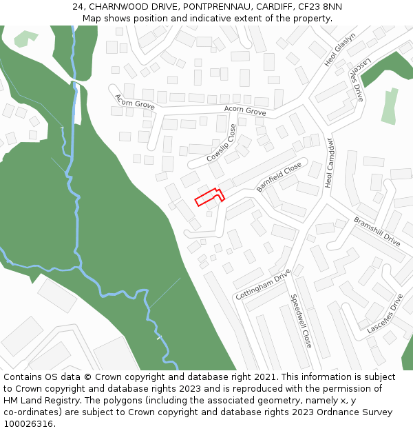 24, CHARNWOOD DRIVE, PONTPRENNAU, CARDIFF, CF23 8NN: Location map and indicative extent of plot