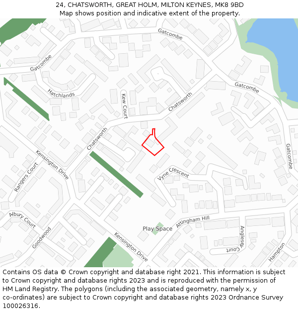 24, CHATSWORTH, GREAT HOLM, MILTON KEYNES, MK8 9BD: Location map and indicative extent of plot