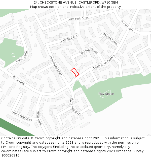 24, CHECKSTONE AVENUE, CASTLEFORD, WF10 5EN: Location map and indicative extent of plot