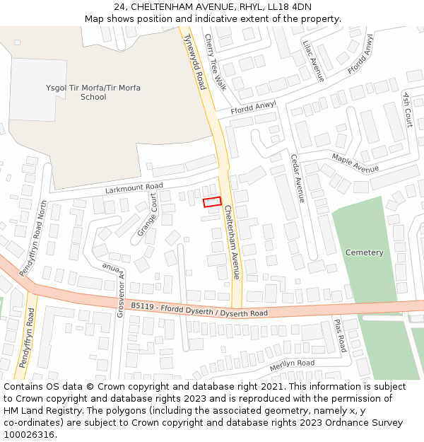 24, CHELTENHAM AVENUE, RHYL, LL18 4DN: Location map and indicative extent of plot