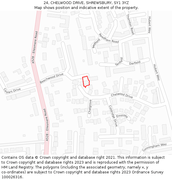 24, CHELWOOD DRIVE, SHREWSBURY, SY1 3YZ: Location map and indicative extent of plot