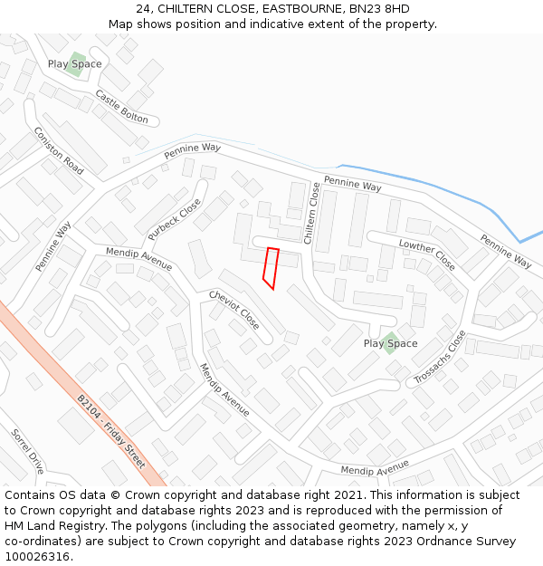 24, CHILTERN CLOSE, EASTBOURNE, BN23 8HD: Location map and indicative extent of plot