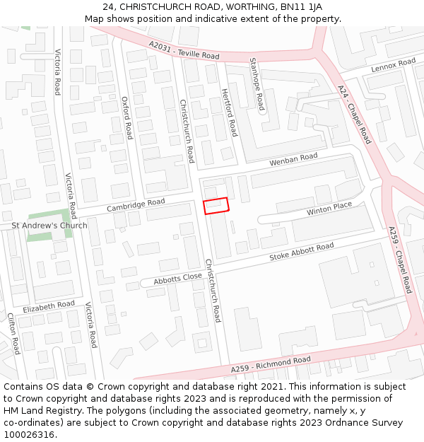 24, CHRISTCHURCH ROAD, WORTHING, BN11 1JA: Location map and indicative extent of plot