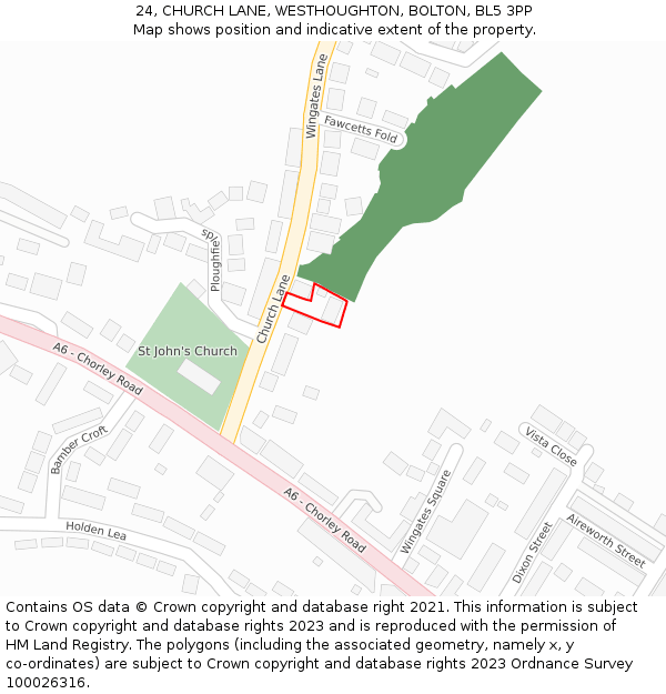 24, CHURCH LANE, WESTHOUGHTON, BOLTON, BL5 3PP: Location map and indicative extent of plot