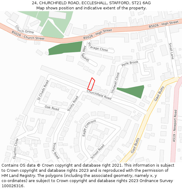 24, CHURCHFIELD ROAD, ECCLESHALL, STAFFORD, ST21 6AG: Location map and indicative extent of plot