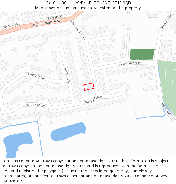 24, CHURCHILL AVENUE, BOURNE, PE10 9QB: Location map and indicative extent of plot