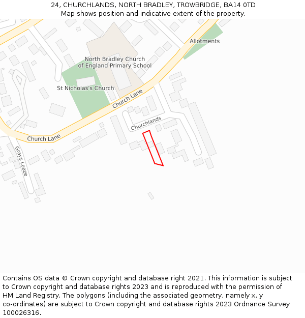 24, CHURCHLANDS, NORTH BRADLEY, TROWBRIDGE, BA14 0TD: Location map and indicative extent of plot