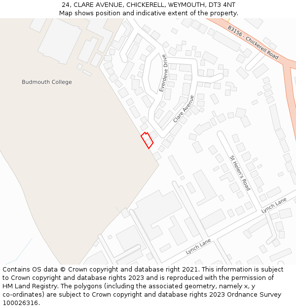 24, CLARE AVENUE, CHICKERELL, WEYMOUTH, DT3 4NT: Location map and indicative extent of plot