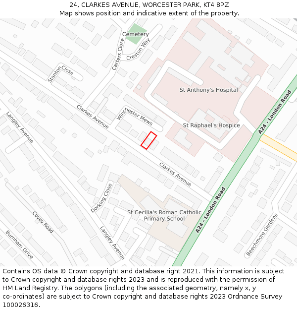 24, CLARKES AVENUE, WORCESTER PARK, KT4 8PZ: Location map and indicative extent of plot