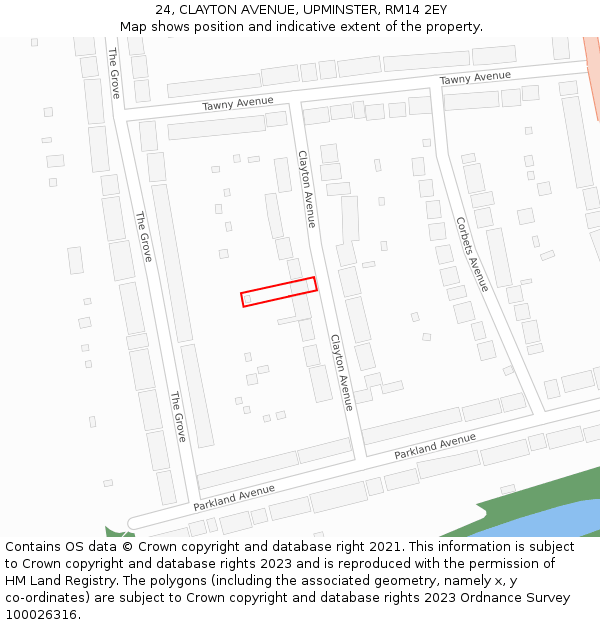24, CLAYTON AVENUE, UPMINSTER, RM14 2EY: Location map and indicative extent of plot