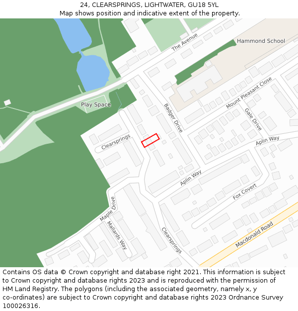 24, CLEARSPRINGS, LIGHTWATER, GU18 5YL: Location map and indicative extent of plot