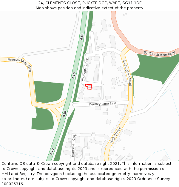 24, CLEMENTS CLOSE, PUCKERIDGE, WARE, SG11 1DE: Location map and indicative extent of plot