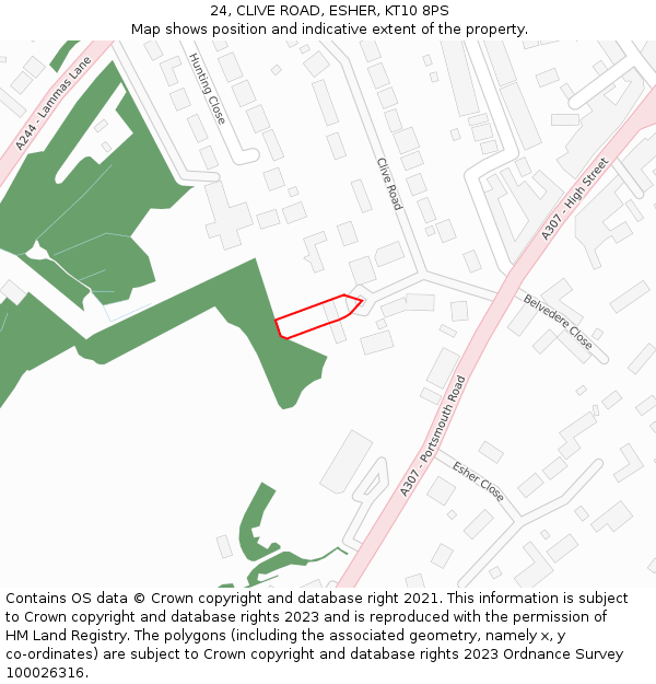 24, CLIVE ROAD, ESHER, KT10 8PS: Location map and indicative extent of plot