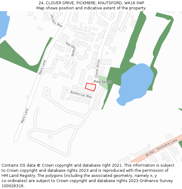 24, CLOVER DRIVE, PICKMERE, KNUTSFORD, WA16 0WF: Location map and indicative extent of plot