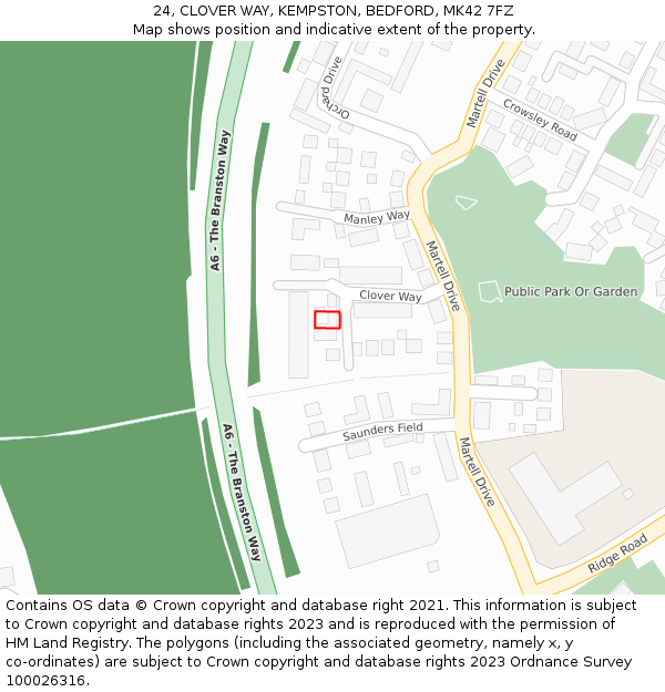 24, CLOVER WAY, KEMPSTON, BEDFORD, MK42 7FZ: Location map and indicative extent of plot