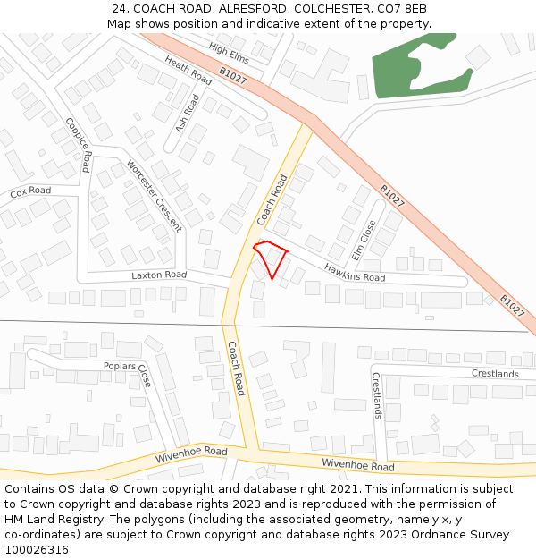 24, COACH ROAD, ALRESFORD, COLCHESTER, CO7 8EB: Location map and indicative extent of plot