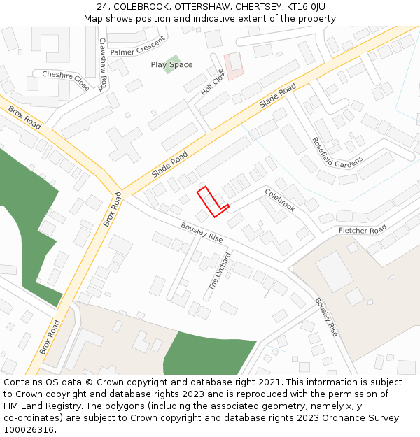 24, COLEBROOK, OTTERSHAW, CHERTSEY, KT16 0JU: Location map and indicative extent of plot