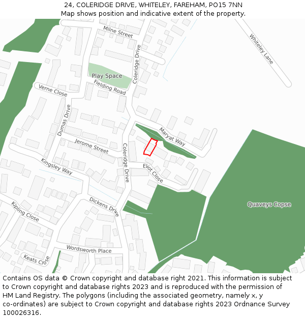 24, COLERIDGE DRIVE, WHITELEY, FAREHAM, PO15 7NN: Location map and indicative extent of plot