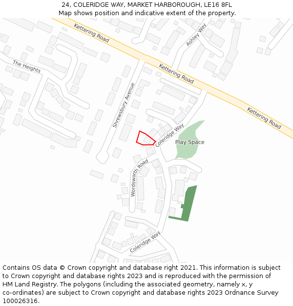 24, COLERIDGE WAY, MARKET HARBOROUGH, LE16 8FL: Location map and indicative extent of plot