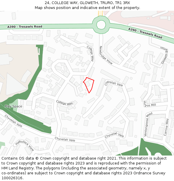 24, COLLEGE WAY, GLOWETH, TRURO, TR1 3RX: Location map and indicative extent of plot
