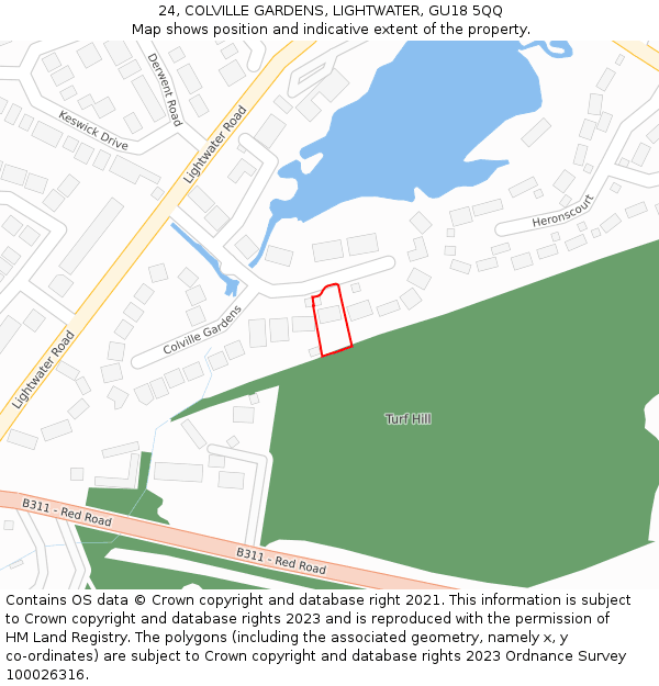 24, COLVILLE GARDENS, LIGHTWATER, GU18 5QQ: Location map and indicative extent of plot