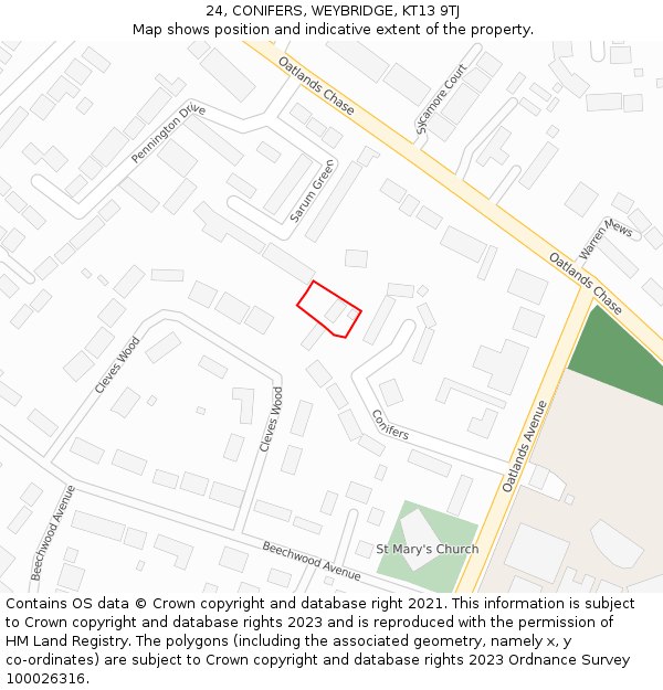 24, CONIFERS, WEYBRIDGE, KT13 9TJ: Location map and indicative extent of plot