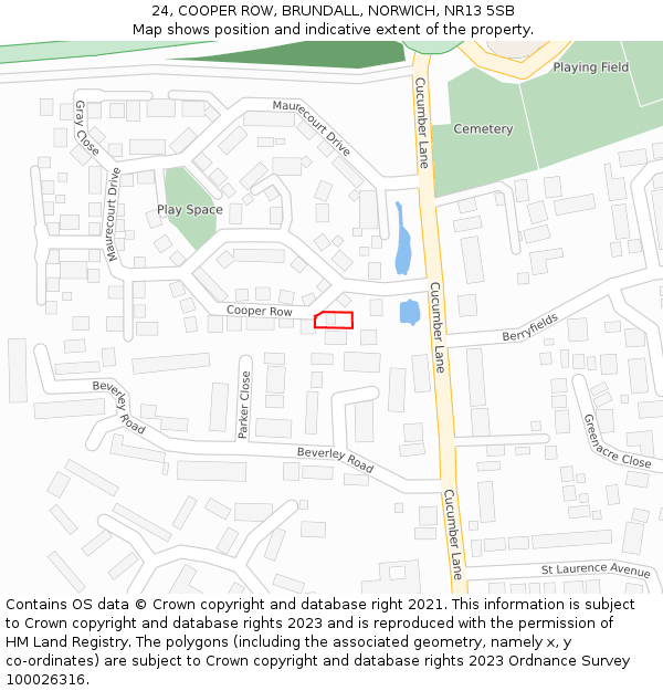 24, COOPER ROW, BRUNDALL, NORWICH, NR13 5SB: Location map and indicative extent of plot