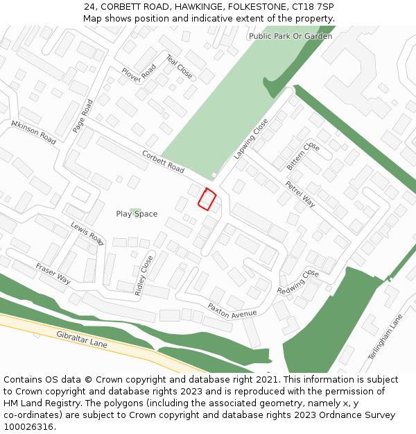 24, CORBETT ROAD, HAWKINGE, FOLKESTONE, CT18 7SP: Location map and indicative extent of plot