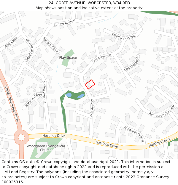 24, CORFE AVENUE, WORCESTER, WR4 0EB: Location map and indicative extent of plot