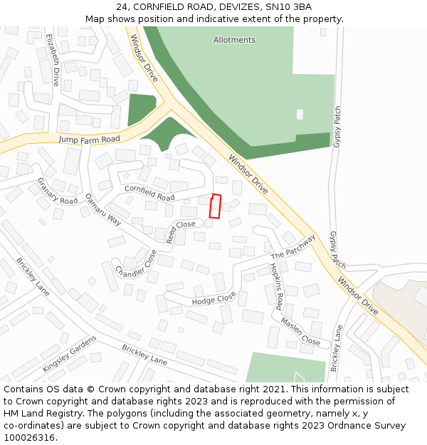 24, CORNFIELD ROAD, DEVIZES, SN10 3BA: Location map and indicative extent of plot