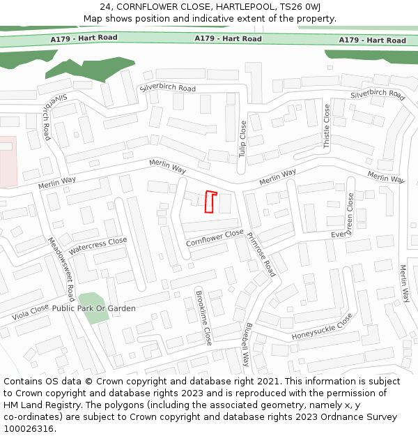 24, CORNFLOWER CLOSE, HARTLEPOOL, TS26 0WJ: Location map and indicative extent of plot