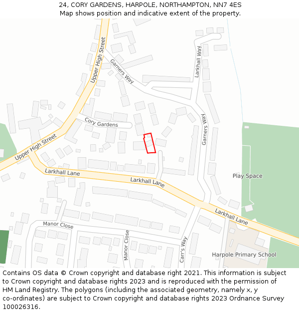 24, CORY GARDENS, HARPOLE, NORTHAMPTON, NN7 4ES: Location map and indicative extent of plot