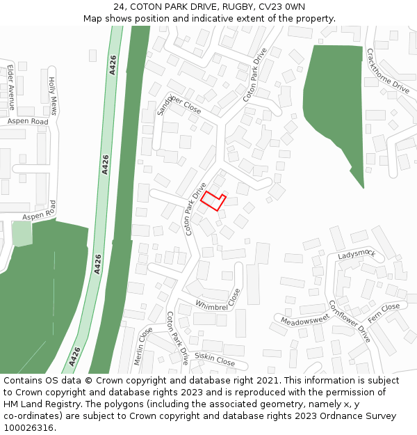 24, COTON PARK DRIVE, RUGBY, CV23 0WN: Location map and indicative extent of plot