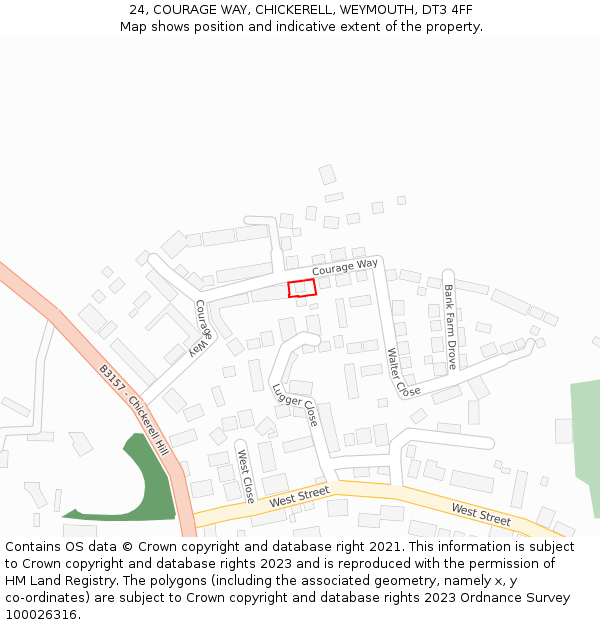 24, COURAGE WAY, CHICKERELL, WEYMOUTH, DT3 4FF: Location map and indicative extent of plot