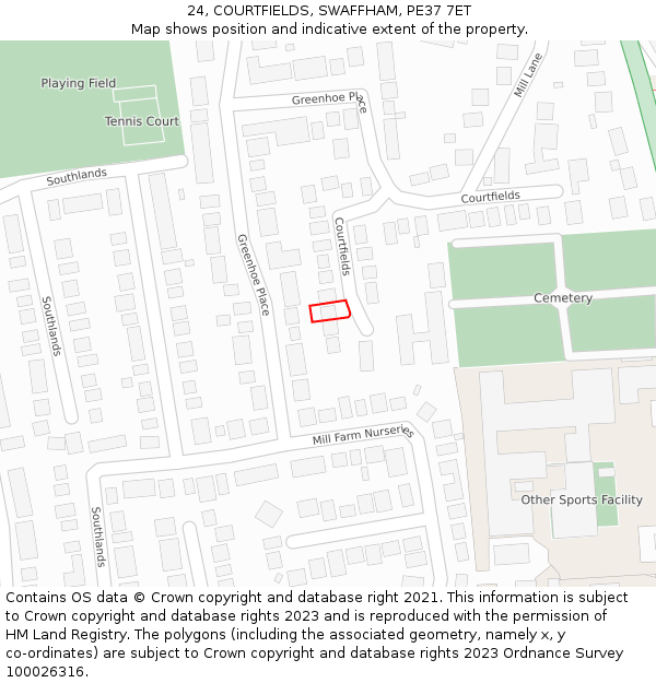 24, COURTFIELDS, SWAFFHAM, PE37 7ET: Location map and indicative extent of plot