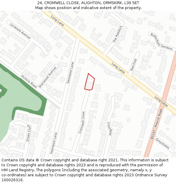 24, CROMWELL CLOSE, AUGHTON, ORMSKIRK, L39 5ET: Location map and indicative extent of plot