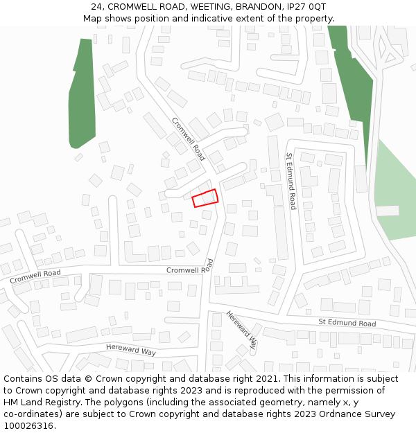 24, CROMWELL ROAD, WEETING, BRANDON, IP27 0QT: Location map and indicative extent of plot