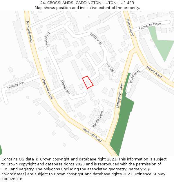 24, CROSSLANDS, CADDINGTON, LUTON, LU1 4ER: Location map and indicative extent of plot