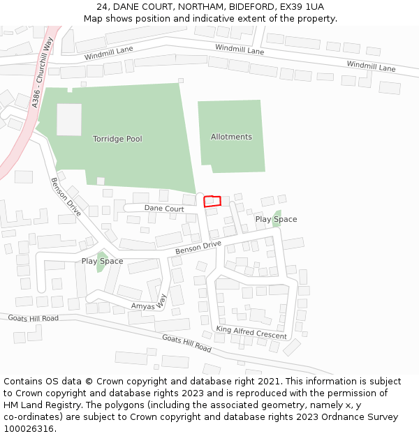 24, DANE COURT, NORTHAM, BIDEFORD, EX39 1UA: Location map and indicative extent of plot