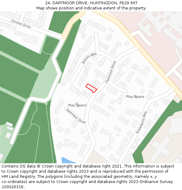 24, DARTMOOR DRIVE, HUNTINGDON, PE29 6XT: Location map and indicative extent of plot