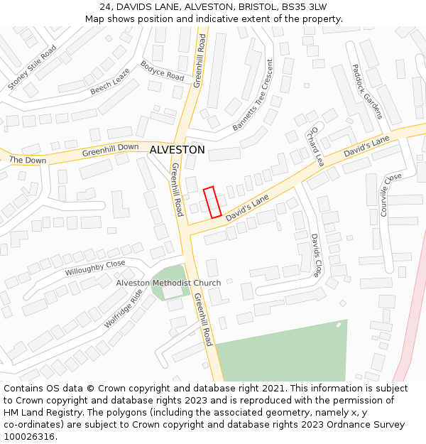 24, DAVIDS LANE, ALVESTON, BRISTOL, BS35 3LW: Location map and indicative extent of plot