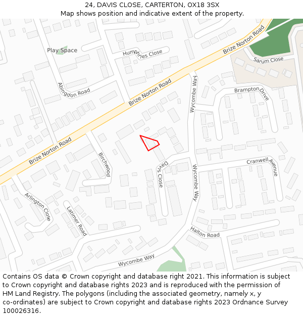 24, DAVIS CLOSE, CARTERTON, OX18 3SX: Location map and indicative extent of plot