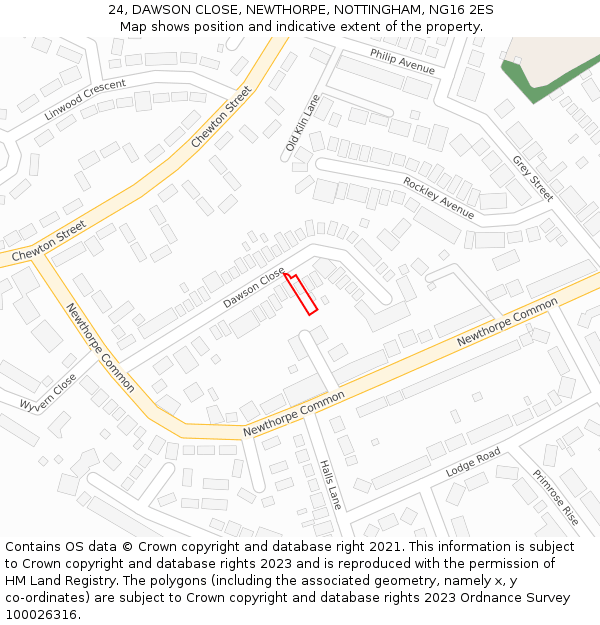 24, DAWSON CLOSE, NEWTHORPE, NOTTINGHAM, NG16 2ES: Location map and indicative extent of plot