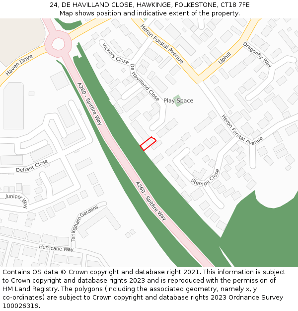 24, DE HAVILLAND CLOSE, HAWKINGE, FOLKESTONE, CT18 7FE: Location map and indicative extent of plot
