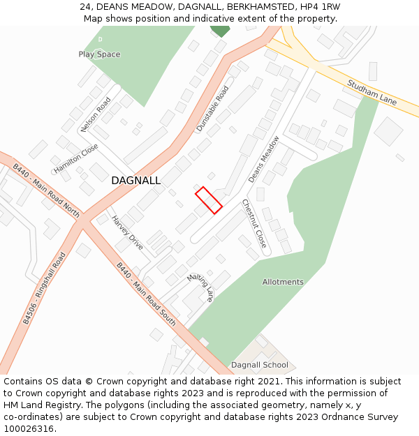 24, DEANS MEADOW, DAGNALL, BERKHAMSTED, HP4 1RW: Location map and indicative extent of plot