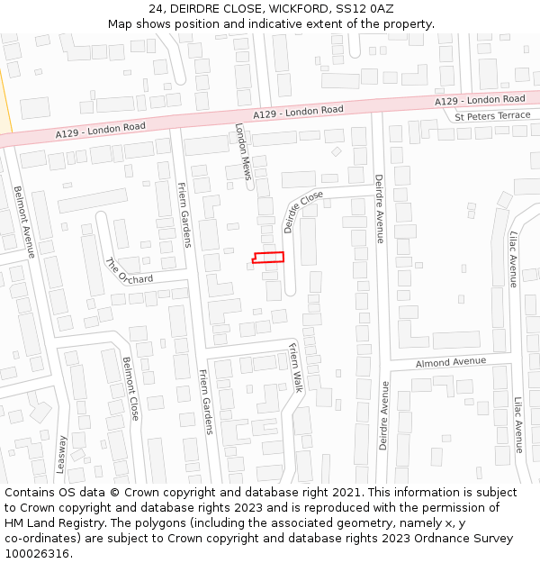24, DEIRDRE CLOSE, WICKFORD, SS12 0AZ: Location map and indicative extent of plot