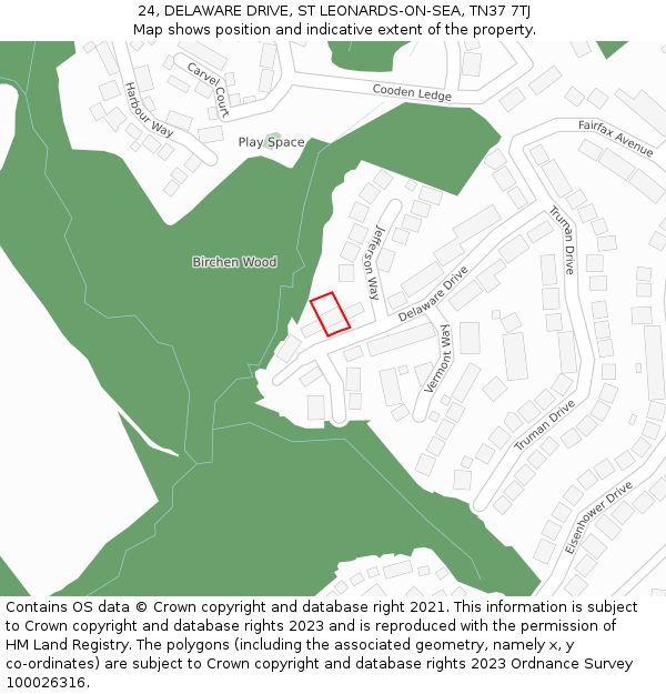 24, DELAWARE DRIVE, ST LEONARDS-ON-SEA, TN37 7TJ: Location map and indicative extent of plot